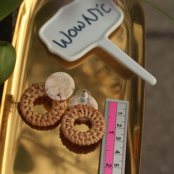 New Handmade Earrings Marble Wood Rattan Ivory - Picture 6 of 9